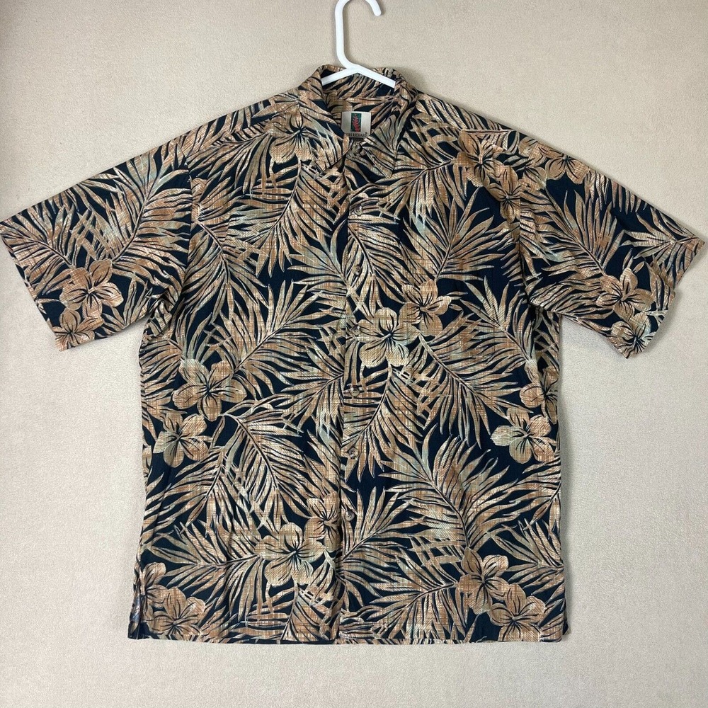 Tori Richard Shirt Mens Large Black Blue Floral Hawaiian Button Up Beach Adult